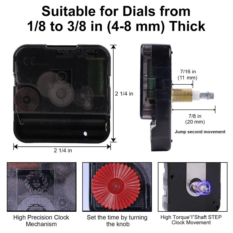 EMOON High Torque Movement Mechanism with Extra-Long 11 1/8 Inch Spade Hands, Quartz Motor Kit for Custom Repair, Total Shaft Length 7/8 Inch (Black) - Image 4